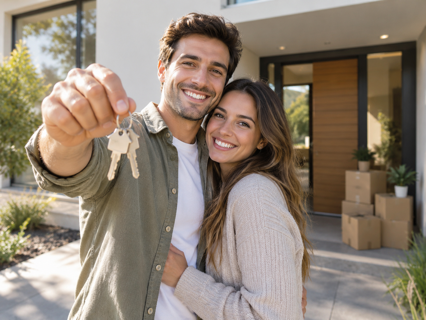 Pareja sonriente con las llaves de su nueva vivienda